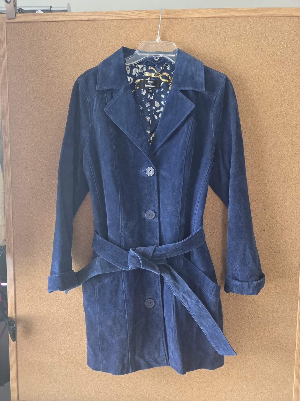 Dennis Basso 100% Genuine Leather Trench Coat M Blue Belted Designer Lining Luxe